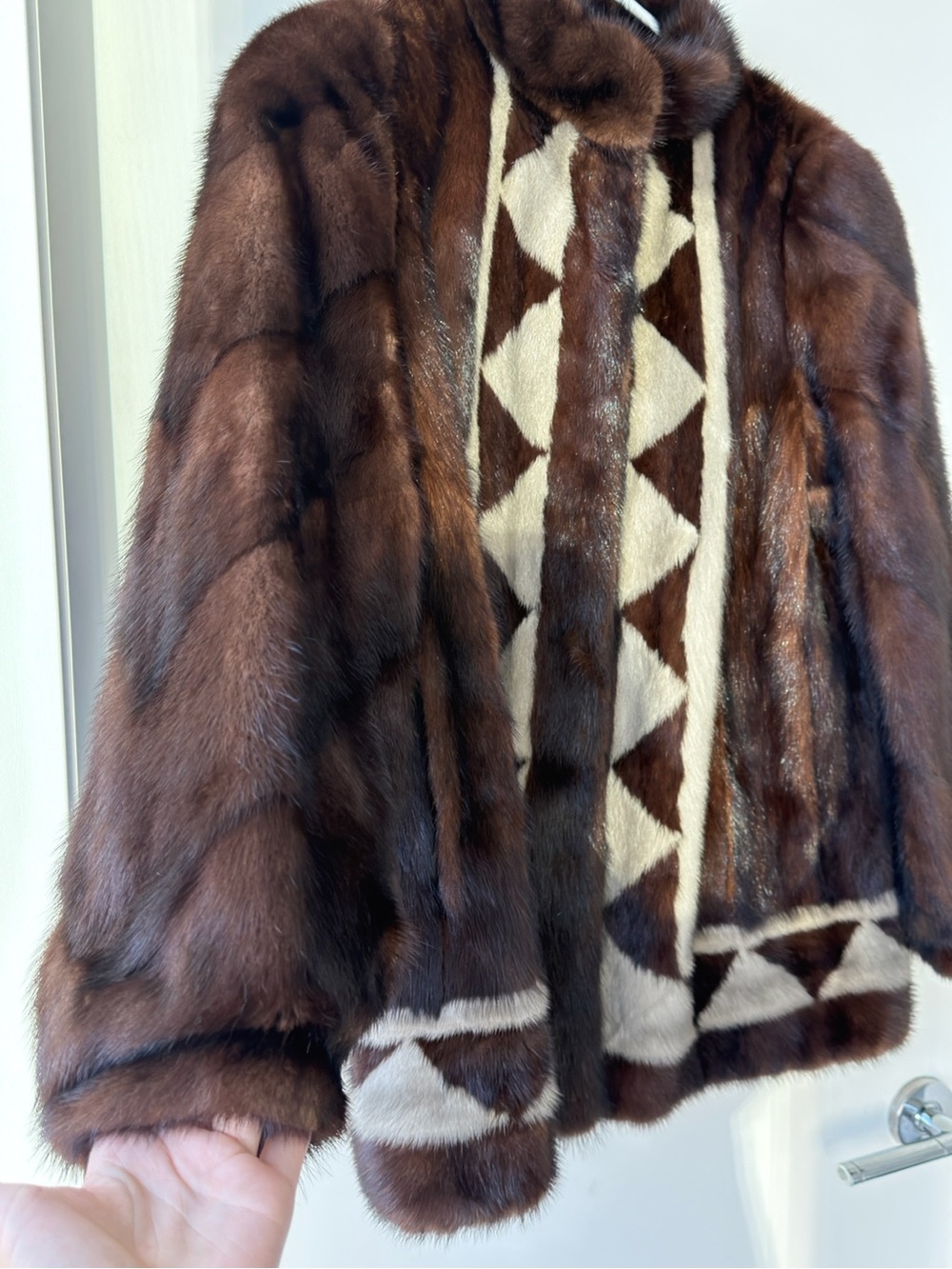 Saga Furs Brown and Cream Geometric Mink Jacket